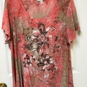 Dress Barn Floral Short Sleeve Top - Coral and Taupe